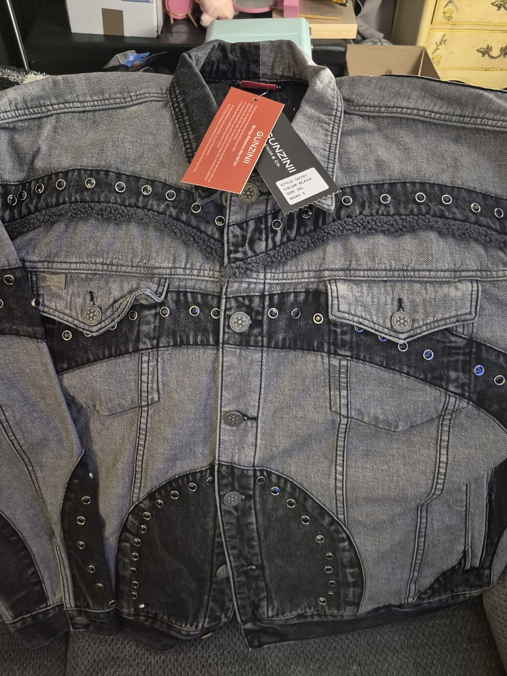 GUNZINII DENIM & CO. Studded Button Jacket Black Gray Colorblock Men’s 2XL